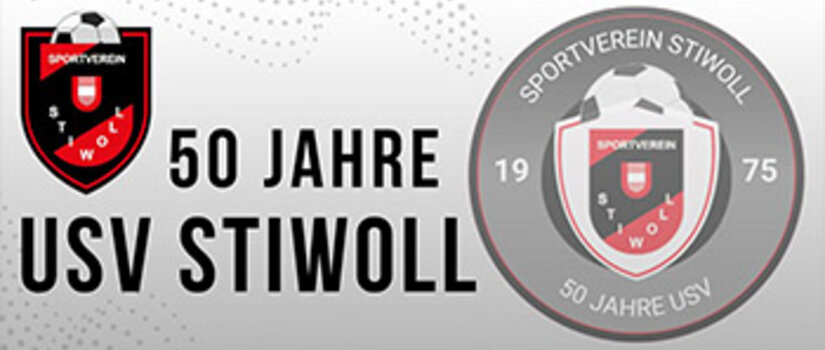 Das Banner zum 50-jährigen Bestehen des USV Stiwoll zeigt das Vereinswappen mit einem Fußball und einem Schild sowie den Text 50 Jahre USV Stiwoll und Sportverein Stiwoll 1975 50 Jahre USV.